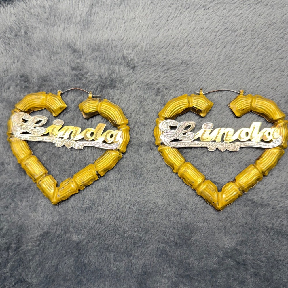 Heart Bamboo Hoop Earrings Linda Name Personalized Gold Tone Silver Tone‎